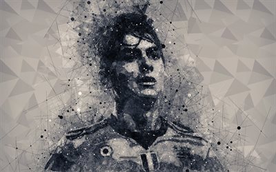 Paulo Dybala, 4k, geometrinen art muotokuva, creative art, kasvot, Juventus, Italia, Argentiinalainen jalkapalloilija, Serie, jalkapallo