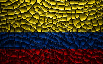 Bandiera della Colombia, 4k, incrinato suolo, Sud America, Colombiano, bandiera, 3D, arte, Colombia, paesi del Sud america, simboli nazionali, Colombia 3D bandiera