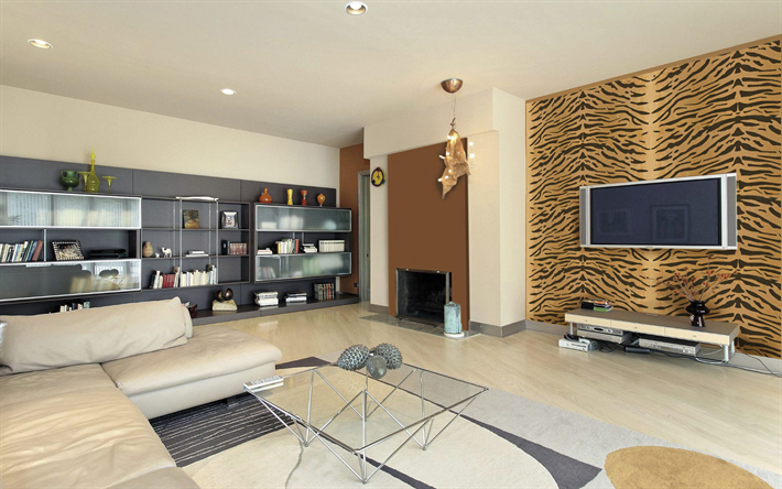 elegante interno della sala, interni dal design moderno, pelle di tigre sulla parete, camino in soggiorno, minimalismo, interni moderni