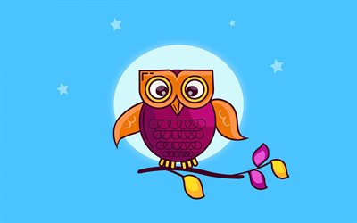 owl on branch, 4k, minimal, cartoon owl, blue background, moon, owl