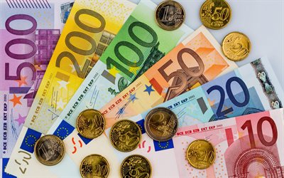 Moeda Euro, letras, o dinheiro do fundo, euro, conceitos de finan&#231;as, dinheiro, Uni&#227;o Europeia