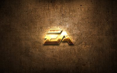EA Games golden logo, artwork, brown metal background, creative, EA Games logo, brands, EA Games
