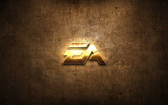 ea games golden logo -, grafik -, braun-metallic hintergrund, kreativ, das ea games-logo, marken, ea games