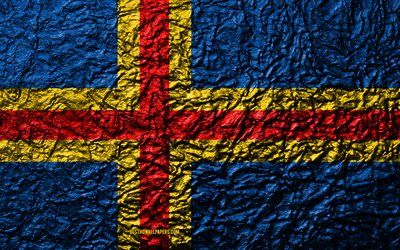 Bandeira das Ilhas Aland, 4k, textura de metal, ondas de textura, Ilhas Aland bandeira, s&#237;mbolo nacional, Ilhas Aland, Europa, metal de fundo