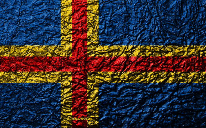 Lipun Ahvenanmaa, 4k, metalli rakenne, aallot rakenne, Ahvenanmaan lippu, kansallinen symboli, Ahvenanmaa, Euroopassa, metalli tausta