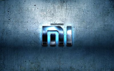 Xiaomi metal logo, blue metal background, artwork, Xiaomi, brands, Xiaomi 3D logo, creative, Xiaomi logo