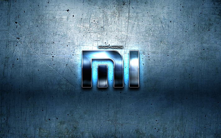 Xiaomi logo en m&#233;tal, bleu m&#233;tal, fond, illustration, Xiaomi, marques, Xiaomi 3D logo, cr&#233;ation, logo Xiaomi