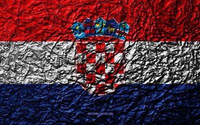 Lippu Kroatia, 4k, kivi rakenne, aallot rakenne, Kroatian lippu, kansallinen symboli, Kroatia, Euroopassa, kivi tausta