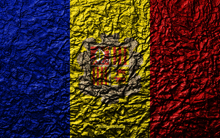 Flaggan i Andorra, 4k, sten struktur, v&#229;gor konsistens, Andorra flagga, nationell symbol, Andorra, Europa, sten bakgrund