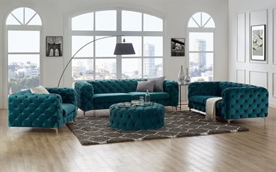 modern design living room, blue sofas with buttons, modern interior, living room, classic style