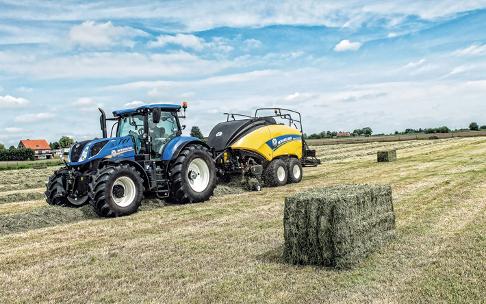New Holland T7260, tractor, New Holland BigBaler 890 Plus CropCutter, harvesting concepts, field, agricultural machinery, New Holland