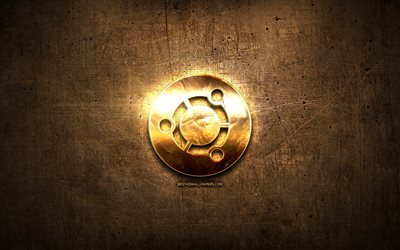 Ubuntu golden logo, artwork, OS, brown metal background, creative, Ubuntu logo, brands, Ubuntu