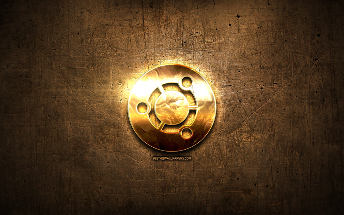 Ubuntu oro logotipo, im&#225;genes, OS, marr&#243;n metal de fondo, creativo, Ubuntu logotipo, marcas, Ubuntu