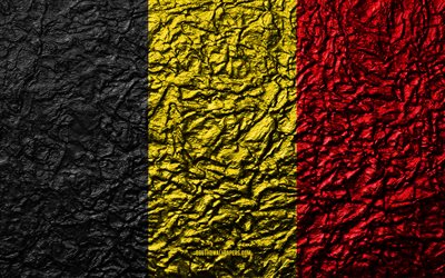 Flag of Belgium, 4k, stone texture, waves texture, Belgian flag, national symbol, Belgium, Europe, stone background