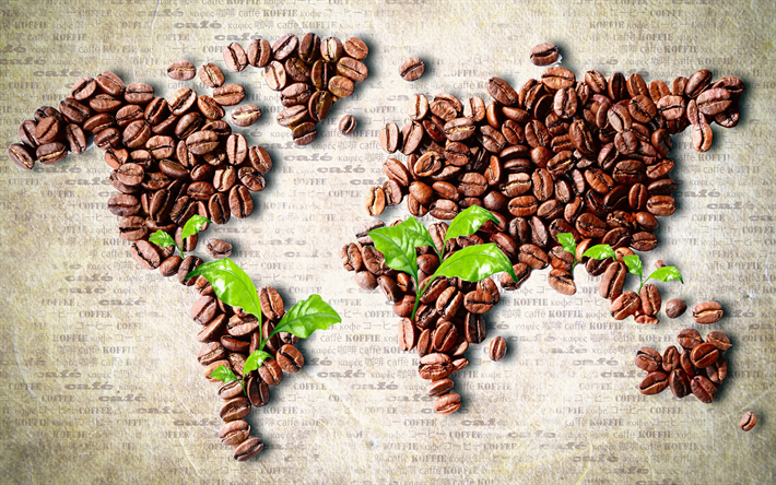 コーヒー豆の世界地図, 世界のマップのコンセプト, 作品, 創造, コーヒーの世界地図, 3Dアート, モザイクの世界地図, 世界地図