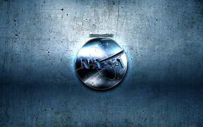 NASA metal logo, mavi metal arka plan, Ulusal Havacılık ve Uzay Dairesi, NASA, markalar, NASA 3D logo, yaratıcı, NASA logosu