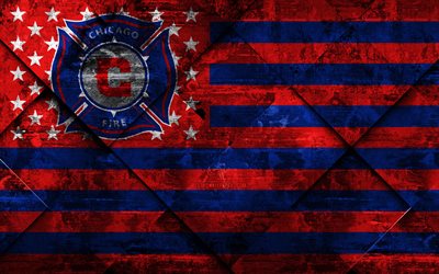 Chicago Fire FC, 4k, Amerikan lippu club, grunge art, grunge tekstuuri, Amerikan lippu, MLS, Chicago, Illinois, USA, Major League Soccer, USA lippu, jalkapallo