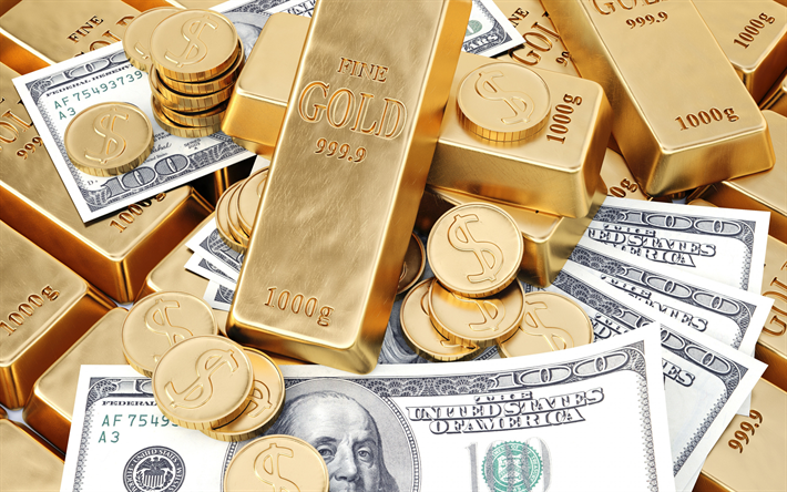 las barras de oro, d&#243;lares americanos, la riqueza de los conceptos, las finanzas, el dinero, los conceptos de negocios