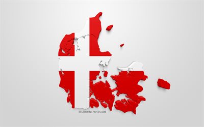 3d lippu Tanska, siluetti kartta Tanska, 3d art, Tanskan lippu, Euroopassa, Tanska, maantiede, Tanska 3d siluetti