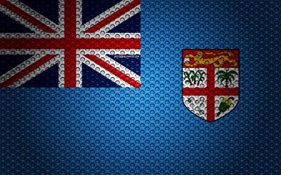 Flag of Fiji, 4k, creative art, metal mesh texture, Fiji flag, national symbol, Fiji, Oceania, flags of Oceania countries