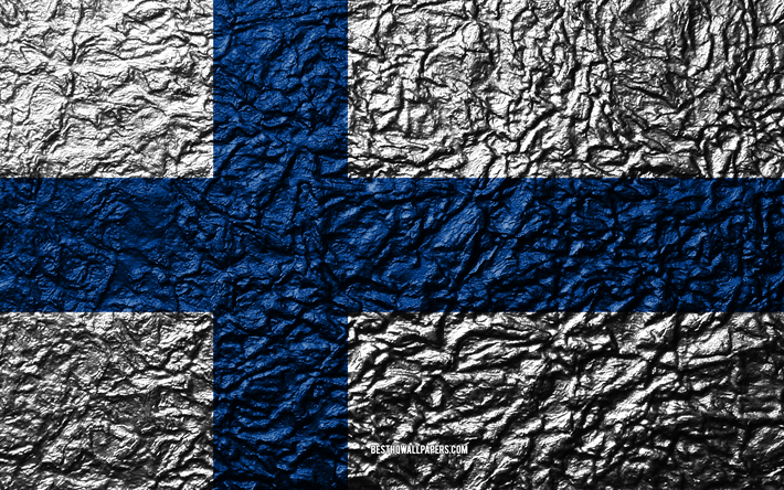 Bandiera della Finlandia, 4k, pietra, texture, onde texture, Finlandia, bandiera, nazionale, simbolo, Europa, pietra di sfondo