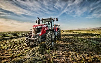 Massey Ferguson 8700 Series, 4k, plowing field, 2019 tractors, MF 8700, agricultural machinery, harvest, red tractor, HDR, agriculture, tractor in the field, Massey Ferguson