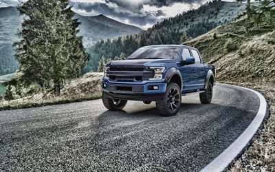 Roush, tuning, Ford F-150 SuperCrew, 2019 cars, SUVs, blue pickup, 2019 Ford F-150, american cars, HDR, Ford