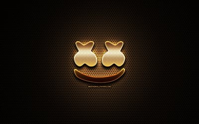 Marshmello glitter logo, Christopher Comstock, metal grid background, Marshmello DJ, brands, superstars, Marshmello