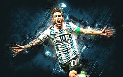 Lionel Messi, grunge, Argentina national football team, goal, football stars, Leo Messi, soccer, Messi, blue neon, Argentine National Team, close-up, footballers