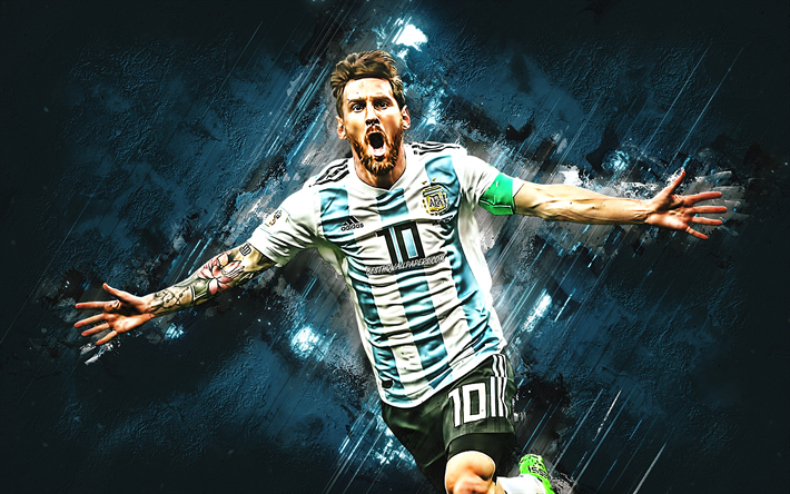 Lionel Messi, grunge, Arjantin Milli Futbol Takımı, gol, futbol yıldızları, Leo Messi, futbol, Messi, mavi neon, Arjantin Milli Takımı, yakın &#231;ekim, futbolcular