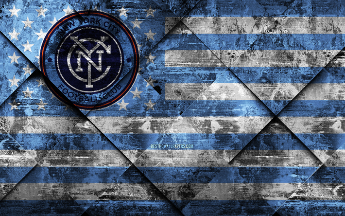 New York City FC, 4k, American football club, grunge art, grunge texture, drapeau Am&#233;ricain, MLS, New York, &#233;tats-unis, de la Ligue Majeure de Soccer, drapeau USA, de soccer, de football
