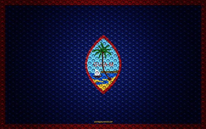 Flag of Guam, 4k, creative art, metal mesh texture, Guam flag, national symbol, Guam, Oceania, flags of Oceania countries