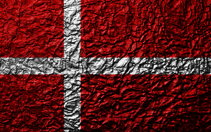 Lippu Tanska, 4k, kivi rakenne, aallot rakenne, Tanskan lippu, kansallinen symboli, Tanska, Euroopassa, kivi tausta