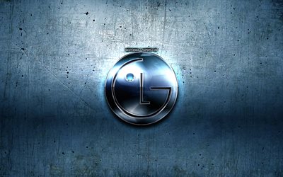 LG metal logo, blue metal background, artwork, LG, brands, LG 3D logo, creative, LG logo