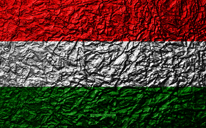 Bandeira da Hungria, 4k, textura de pedra, ondas de textura, Hungria bandeira, s&#237;mbolo nacional, Hungria, Europa, pedra de fundo