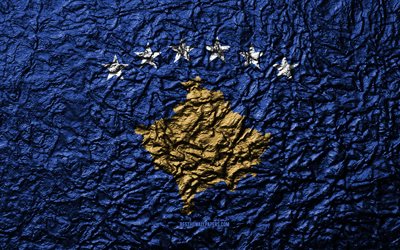 Flag of Kosovo, 4k, stone texture, waves texture, Kosovo flag, national symbol, Kosovo, Europe, stone background