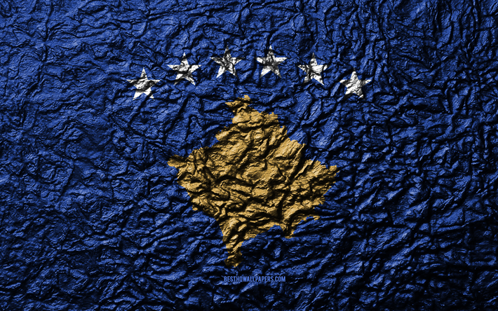 Kosovon lippu, 4k, kivi rakenne, aallot rakenne, kansallinen symboli, Kosovo, Euroopassa, kivi tausta