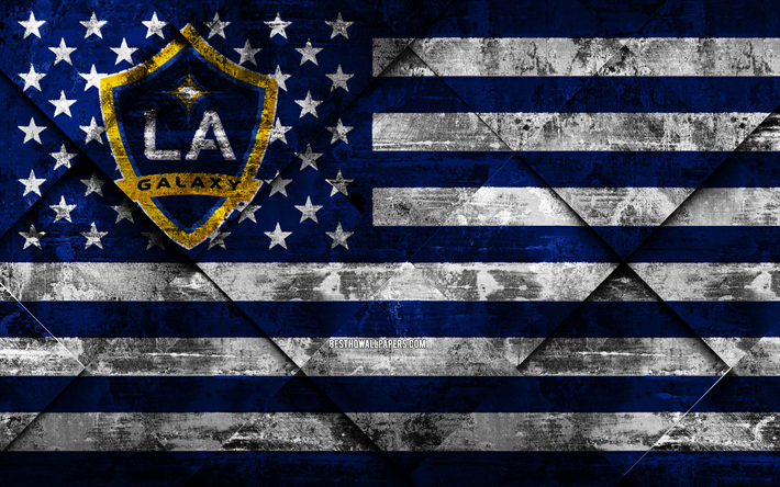 Los Angeles Galaxy, 4k, Bandeira americana clube, grunge arte, grunge textura, Bandeira americana, MLS, Los Angeles, Calif&#243;rnia, EUA, Major League Soccer, Bandeira dos EUA, futebol
