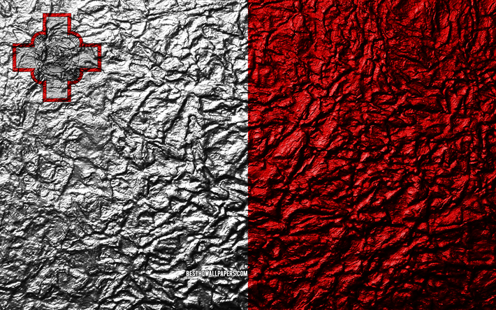 Flag of Malta, 4k, stone texture, waves texture, Malta flag, national symbol, Malta, Europe, stone background