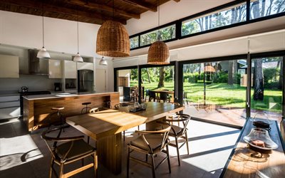 modern interior design, country house, dining room, kitchen, wooden furniture, wooden ceiling, stylish interior