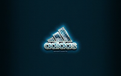 Adidas glass logo, blue background, artwork, Adidas, brands, Adidas rhombic logo, creative, Adidas logo
