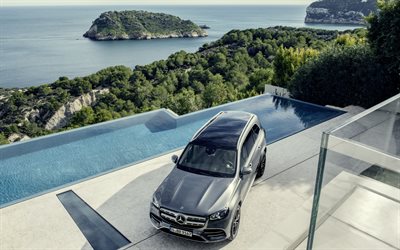 Mercedes-Benz GLS, 2019, front view, new gray GLS, exterior, luxury SUV, German cars, Mercedes