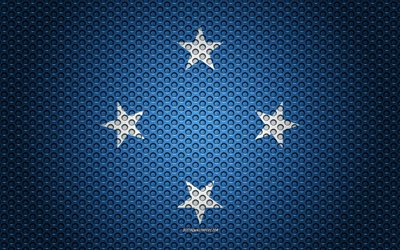 flagge von mikronesien, 4k -, kunst -, metall textur, mikronesien fahne, national, symbol, mikronesien, ozeanien, flaggen von ozeanien l&#228;nder