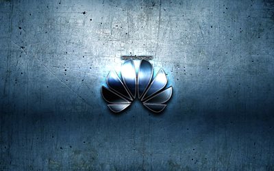 Huawei metal logo, blue metal background, artwork, Huawei, brands, Huawei 3D logo, creative, Huawei logo