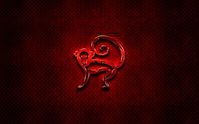 Monkey, red animals signs, chinese zodiac, Chinese calendar, Monkey zodiac sign, red metal background, Chinese Zodiac Signs, animals, creative, Monkey zodiac