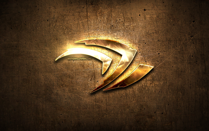 Nvidia golden logo, artwork, brown metal background, creative, Nvidia logo, brands, Nvidia