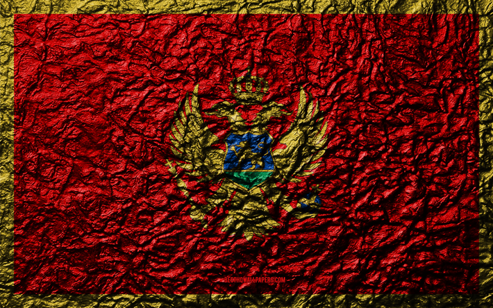Flaggan i Montenegro, 4k, sten struktur, v&#229;gor konsistens, Montenegro-flaggan, nationell symbol, Montenegro, Europa, sten bakgrund