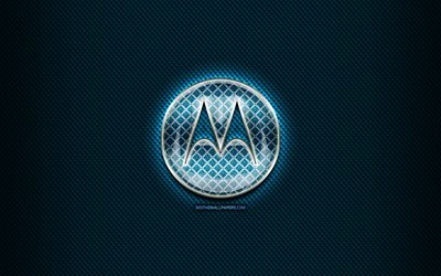 Motorola glass logo, blue background, artwork, Motorola, brands, Motorola rhombic logo, creative, Motorola logo