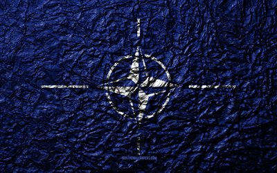 Bandiera della NATO, 4k, pietra, texture, onde texture, organizzazione internazionale, bandiera NATO, Organizzazione del Trattato Nord Atlantico