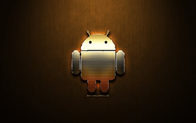 Android glitter logo, yaratıcı, OS, Bronz metal arka plan, Android logosu, marka, Android